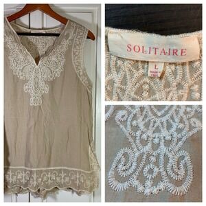 Solitaire Womens Top L Sleeveless Neutral Embroidered Boho Festival‎ READ